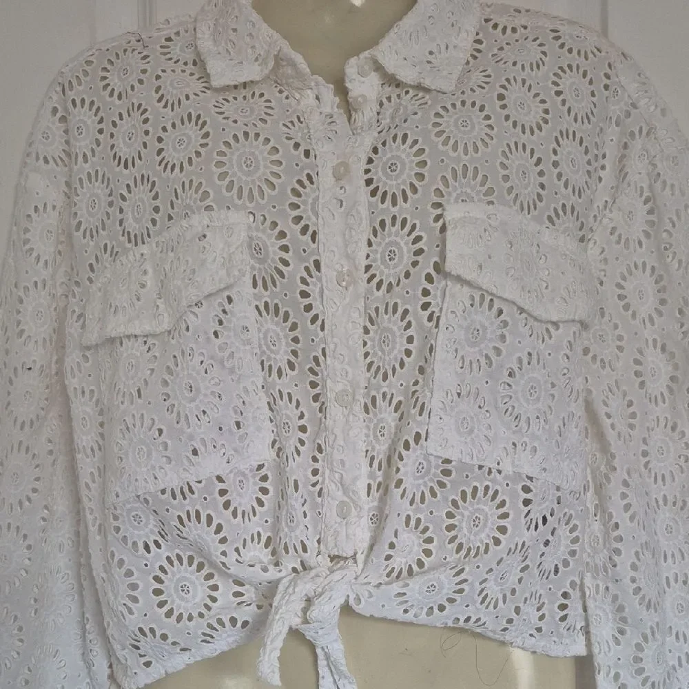Guess White Embroidered Eyelet Button-Down Shirt - Picture 4 of 16